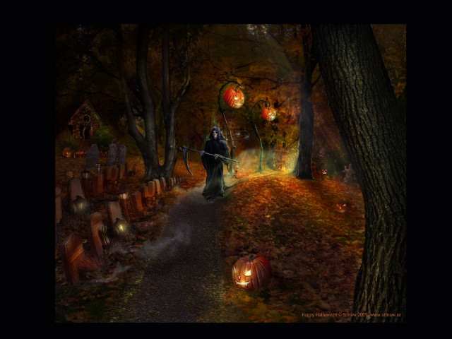 Wizard graveyard pumpkins lanterns path free wallpaper for desktop - medium preview image