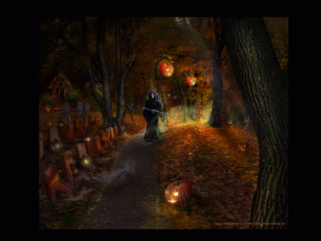 Wizard graveyard pumpkins lanterns path #3 free wallpaper for desktop - medium preview image