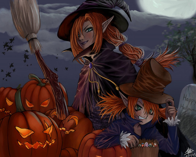 Witch girl pumpkin patch broom free wallpaper for desktop - medium preview image
