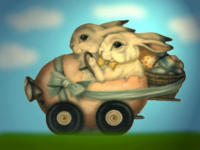 Rabbit toy car eggs whimsical free wallpaper for desktop - medium preview image
