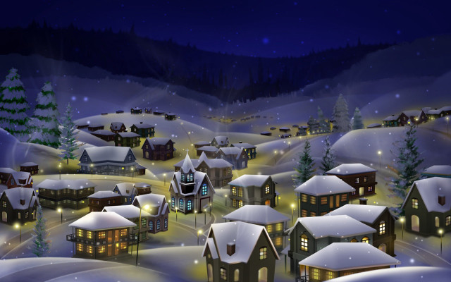 Snowy village night lights houses free wallpaper for desktop - medium preview image