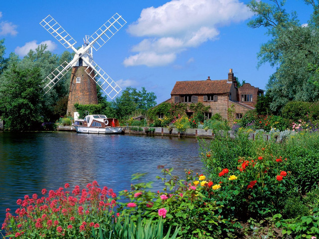 Windmill river flowers boat scenery #4 free wallpaper for desktop - medium preview image