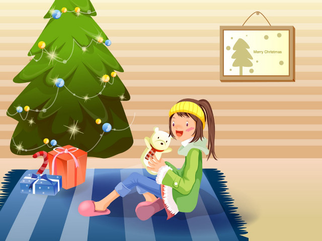 Girl cat christmas tree gift free wallpaper for desktop - medium preview image