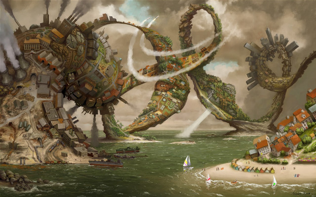 Giant octopus attacking city beach free wallpaper for desktop - medium preview image