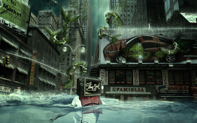 Man flooded street city sign free wallpaper for desktop - medium preview image