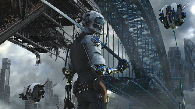 Futuristic man suit sword cityscape free wallpaper for desktop - medium preview image