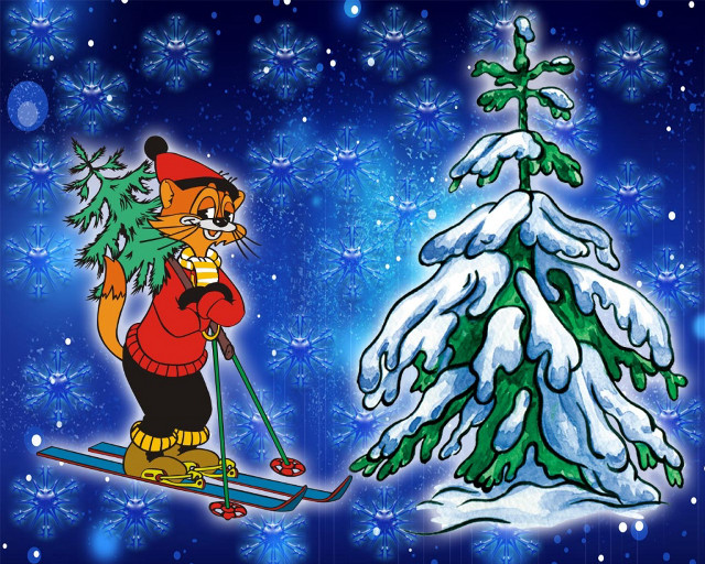 Cartoon cat skiing christmas tree #3 free wallpaper for desktop - medium preview image