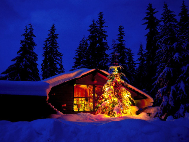 Lit christmas tree cabin snow #2 free wallpaper for desktop - medium preview image