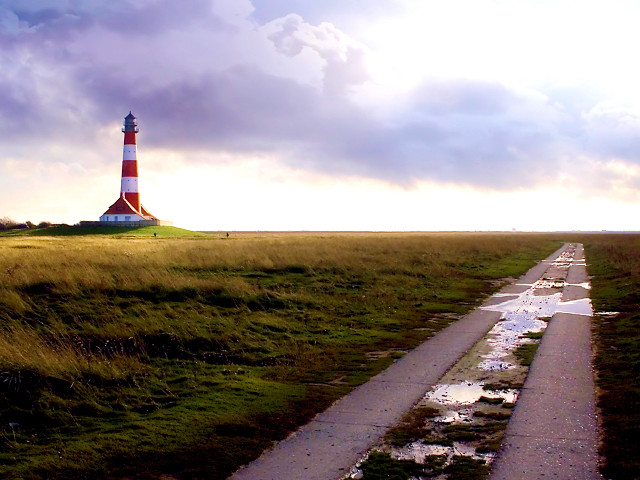Road lighthouse cloudy puddle grass free wallpaper for desktop - medium preview image