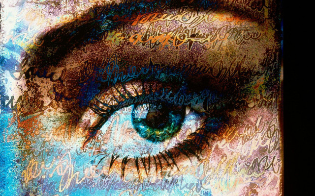 Woman eye words blue background free wallpaper for desktop - medium preview image