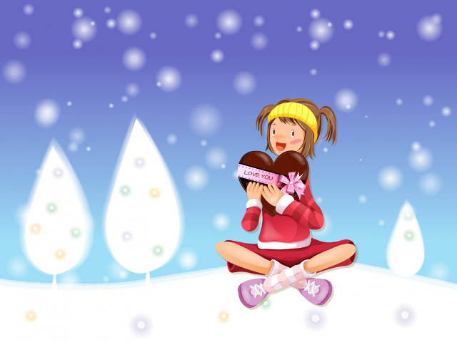 Girl sitting heart box snow free wallpaper for desktop - medium preview image
