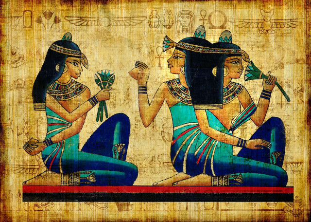 Egyptian women table flowers vase free wallpaper for desktop - medium preview image