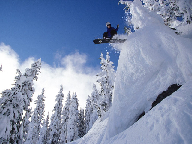 Snowboarder air snowy mountain trees free wallpaper for desktop - medium preview image