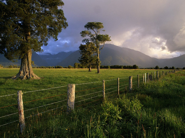 Fence field tree mountains clouds #4 free wallpaper for desktop - medium preview image