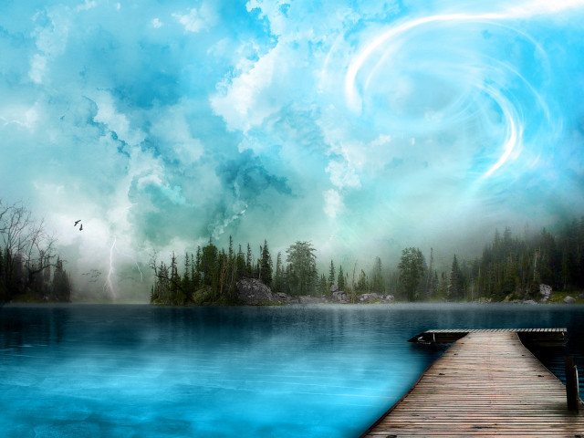 Dock lake sky bird flying free wallpaper for desktop - medium preview image