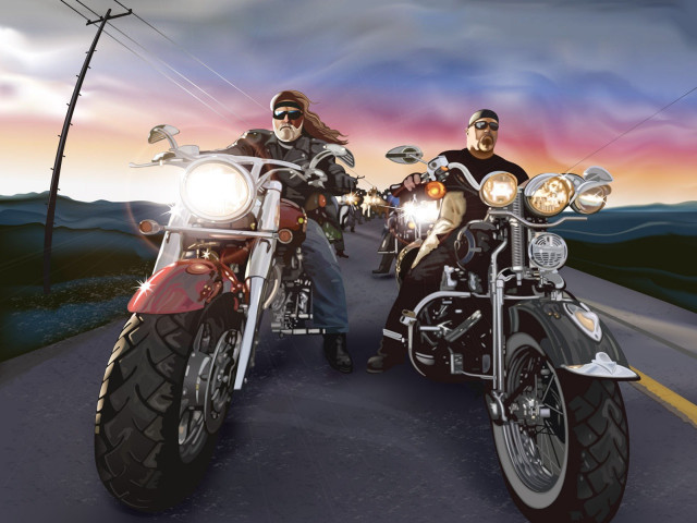 Motorcycle ride men sunset forest free wallpaper for desktop - medium preview image