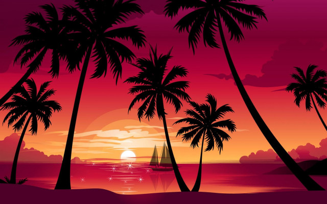 Sunset palm trees sailboat water #2 free wallpaper for desktop - medium preview image