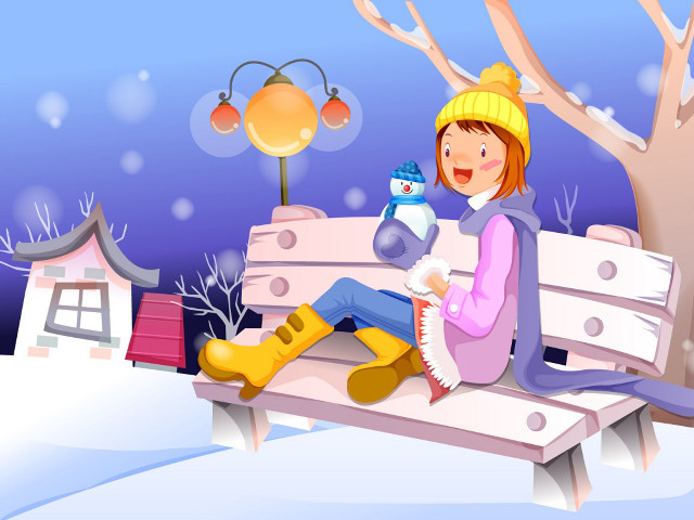 Girl bench snow snowman lamp free wallpaper for desktop - medium preview image