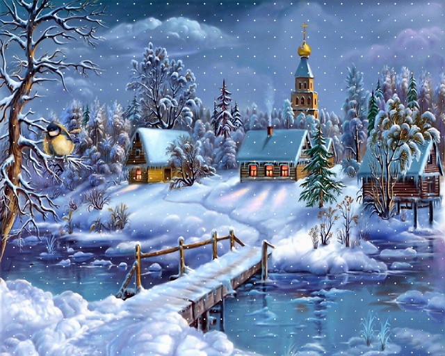 Snowy winter church bridge river free wallpaper for desktop - medium preview image