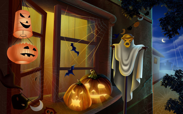 Halloween window decorations ghost cat #2 free wallpaper for desktop - medium preview image