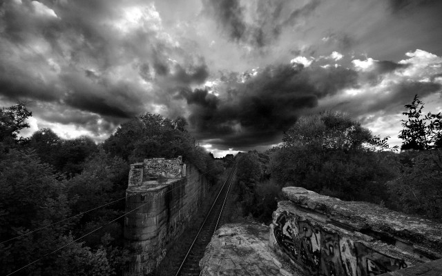 Train track clouds trees fence #4 free wallpaper for desktop - medium preview image