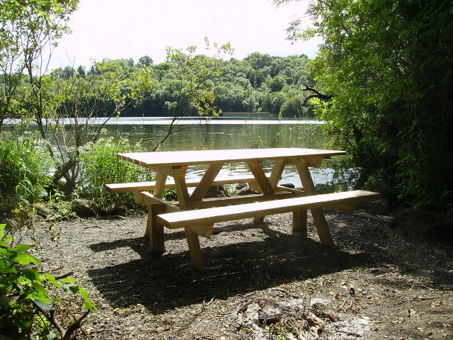 Picnic table lake shore forest free wallpaper for desktop - medium preview image