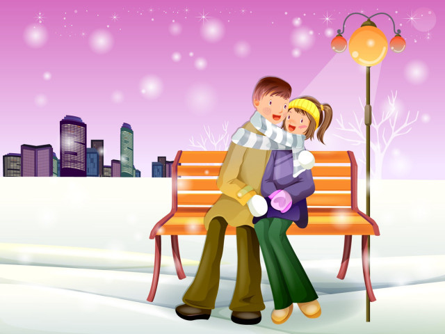 Man woman bench snow city #3 free wallpaper for desktop - medium preview image