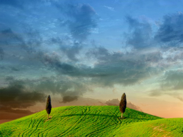 Green hill trees cloudy sky #2 free wallpaper for desktop - medium preview image