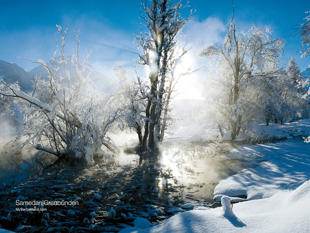 River snow trees blue sky free wallpaper for desktop - medium preview image