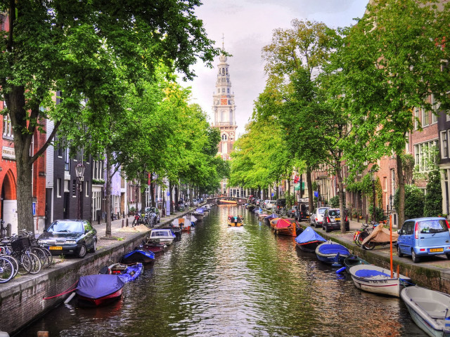 Canal boats parked cars church free wallpaper for desktop - medium preview image
