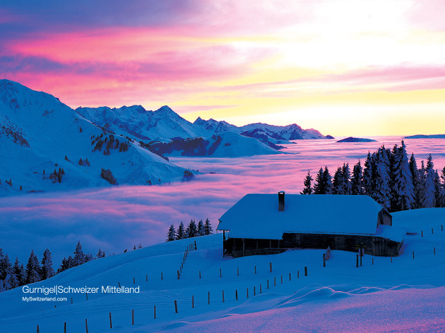 Snowy mountain house pink sky #4 free wallpaper for desktop - medium preview image