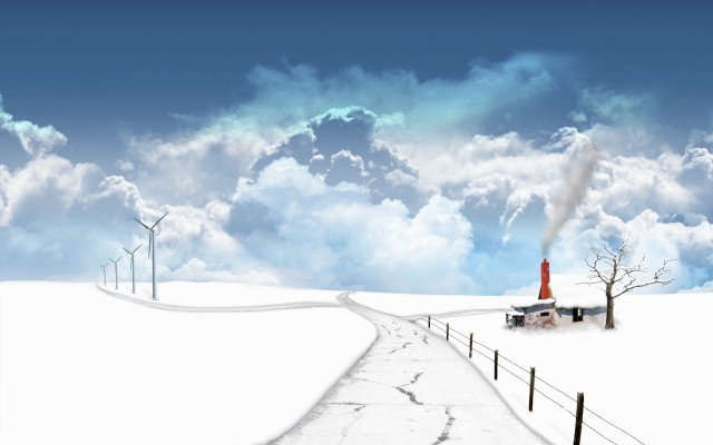 Snowy landscape road windmills house #3 free wallpaper for desktop - medium preview image