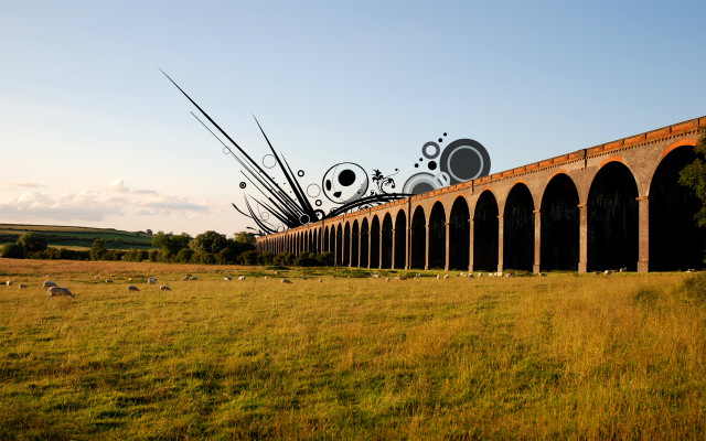 Brick bridge animals grass sunset free wallpaper for desktop - medium preview image