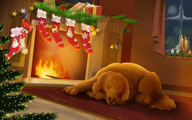 Dog sleeping fireplace christmas tree free wallpaper for desktop - medium preview image