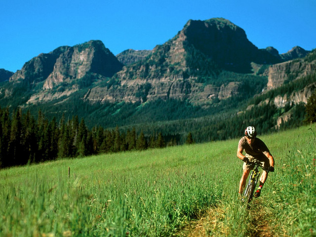 Man riding bike green hillside free wallpaper for desktop - medium preview image
