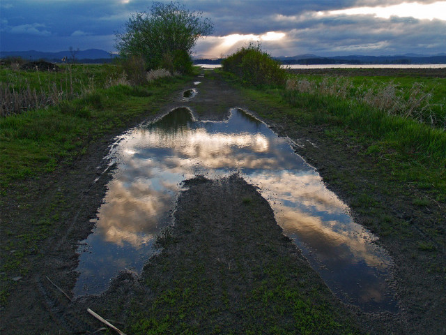 Road puddles cloudy sky background free wallpaper for desktop - medium preview image