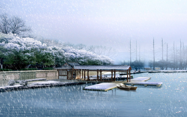 Boat dock snow falling water free wallpaper for desktop - medium preview image