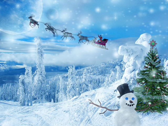 Snowman hat sleigh flying snowy free wallpaper for desktop - medium preview image