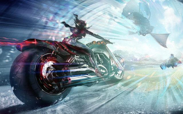 Futuristic motorcycle woman riding shark free wallpaper for desktop - medium preview image