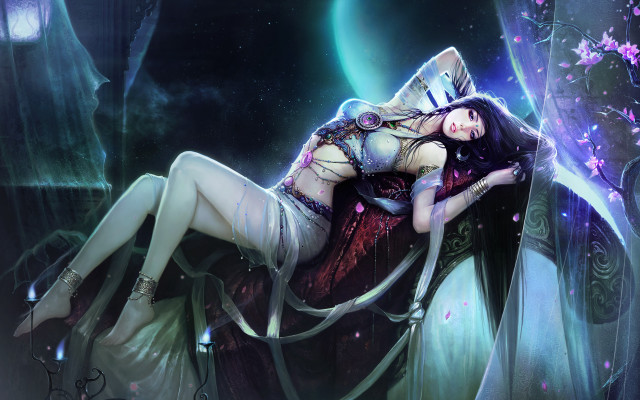 Woman dress bed cat moon free wallpaper for desktop - medium preview image