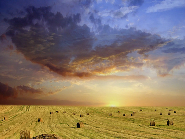 Hay bales sunset clouds field free wallpaper for desktop - medium preview image
