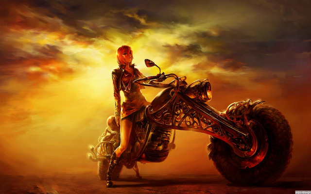 Woman motorcycle surreal painting sky free wallpaper for desktop - medium preview image