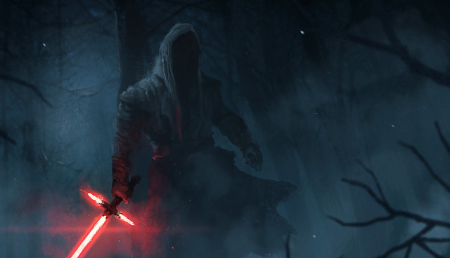 Hooded person lightsaber dark forest free wallpaper for desktop - medium preview image