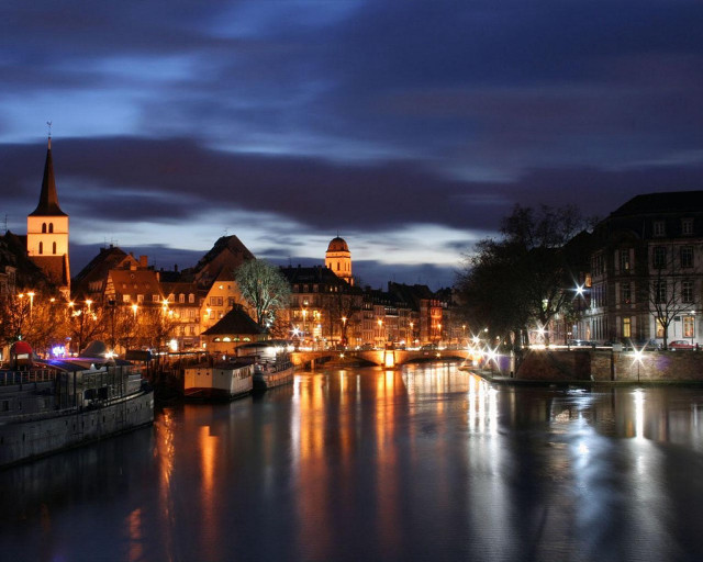 River bridge buildings nighttime lights free wallpaper for desktop - medium preview image