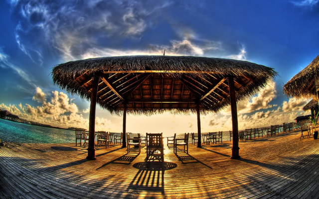 Wooden pier thatched roof benches free wallpaper for desktop - medium preview image