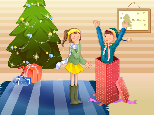Boy girl christmas tree presents #2 free wallpaper for desktop - medium preview image