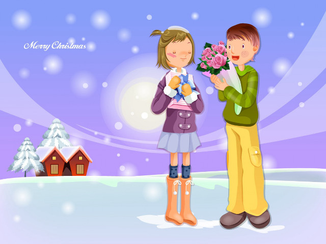 Boy giving girl bouquet snow #2 free wallpaper for desktop - medium preview image