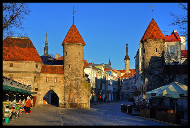 Castle red roofs street corner free wallpaper for desktop - medium preview image