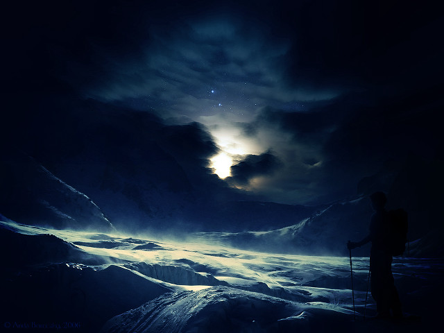 Man snow slope cloudy night free wallpaper for desktop - medium preview image