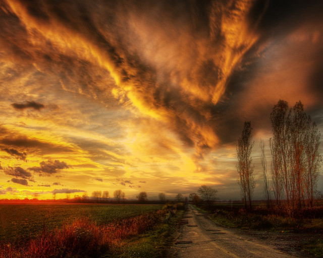 Dirt road sunset clouds field free wallpaper for desktop - medium preview image